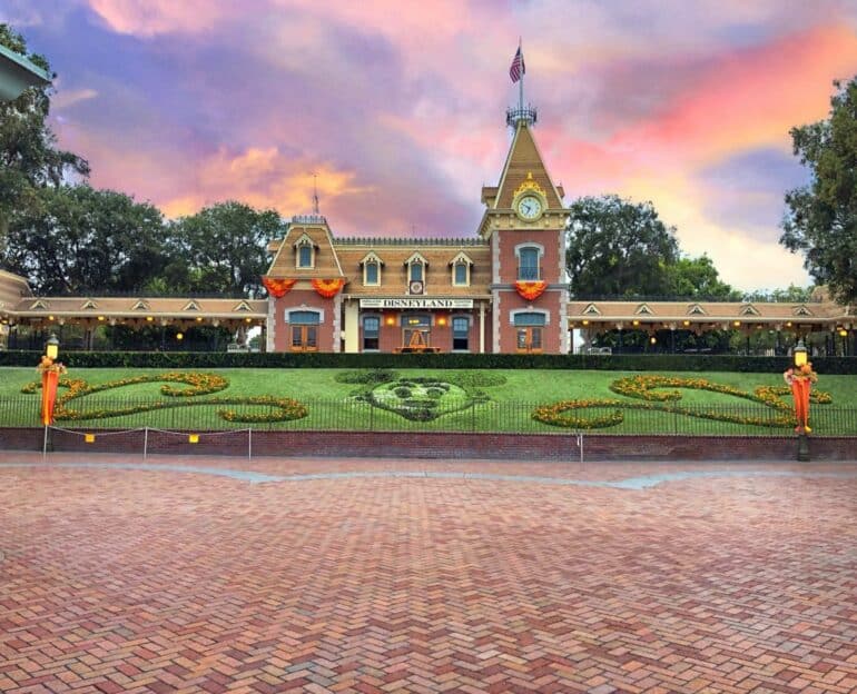 Disneyland main entrance at sunset