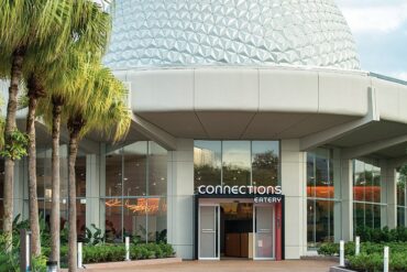 EPCOT's Connections Cafe Restaurant Review 135 Exterior of eatery with giant ball