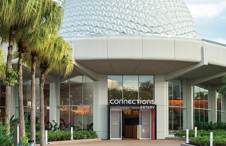 EPCOT's Connections Cafe Restaurant Review 88 Exterior of eatery with giant ball