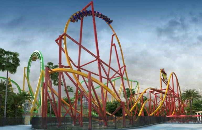 Tall roller coaster with loops