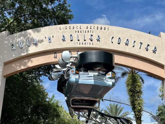 The Muppets Arrive at Rock "n" Roller Coaster Featuring The Electric Mayhem 10 Upside-down limo on sign